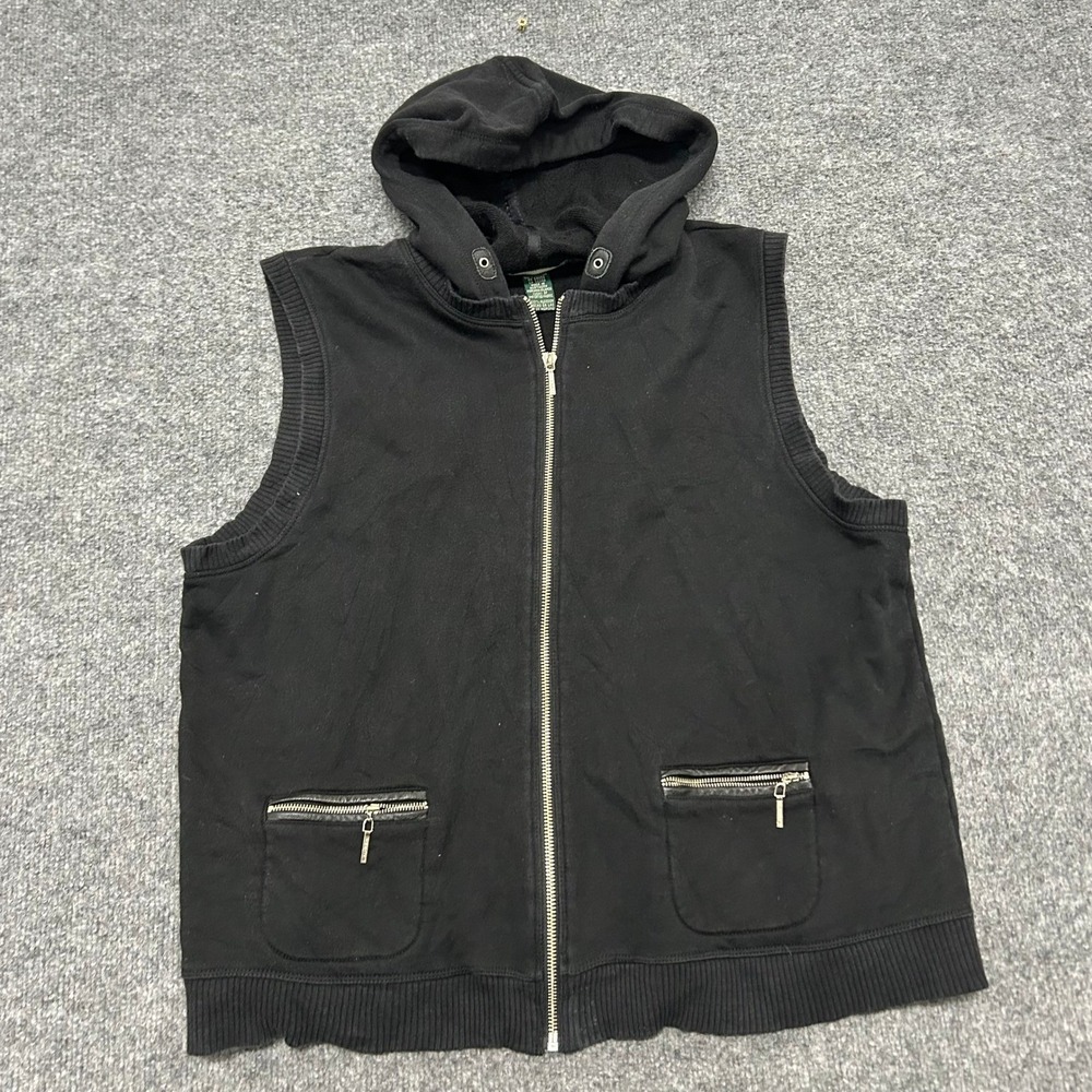 Lauren Ralph Lauren Hoodie Vest Womens XL Black Cotton Full Zip Sleeveless USA